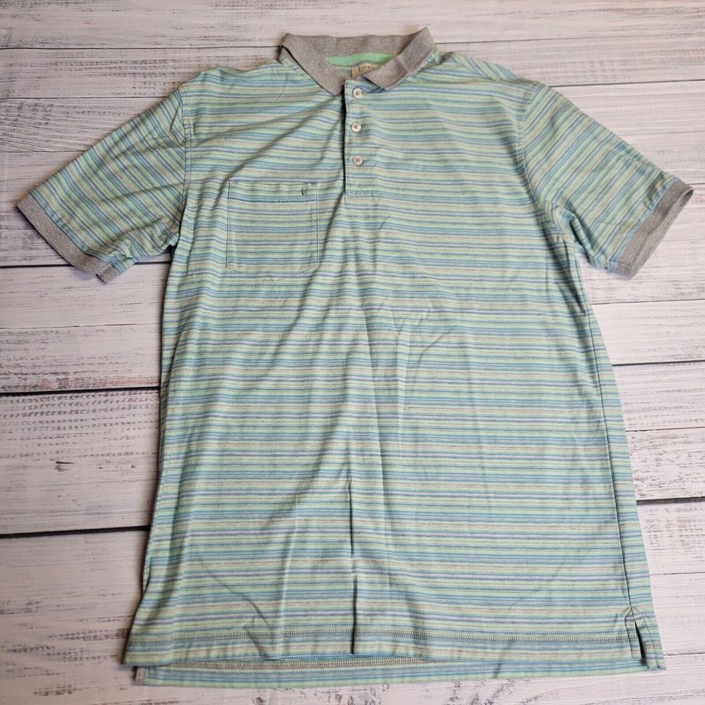 LinkSoul Men's 100% Luxury Cotton Golf Polo Shirt Medium Green Blue‎ Stripe